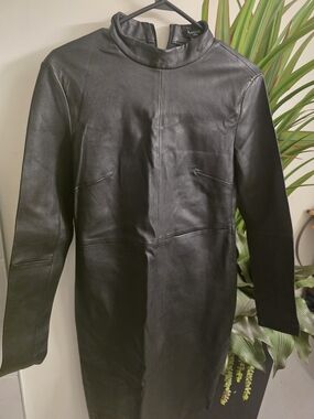 Guess by Marciano Black Leather Trench Coat with Stand Collar